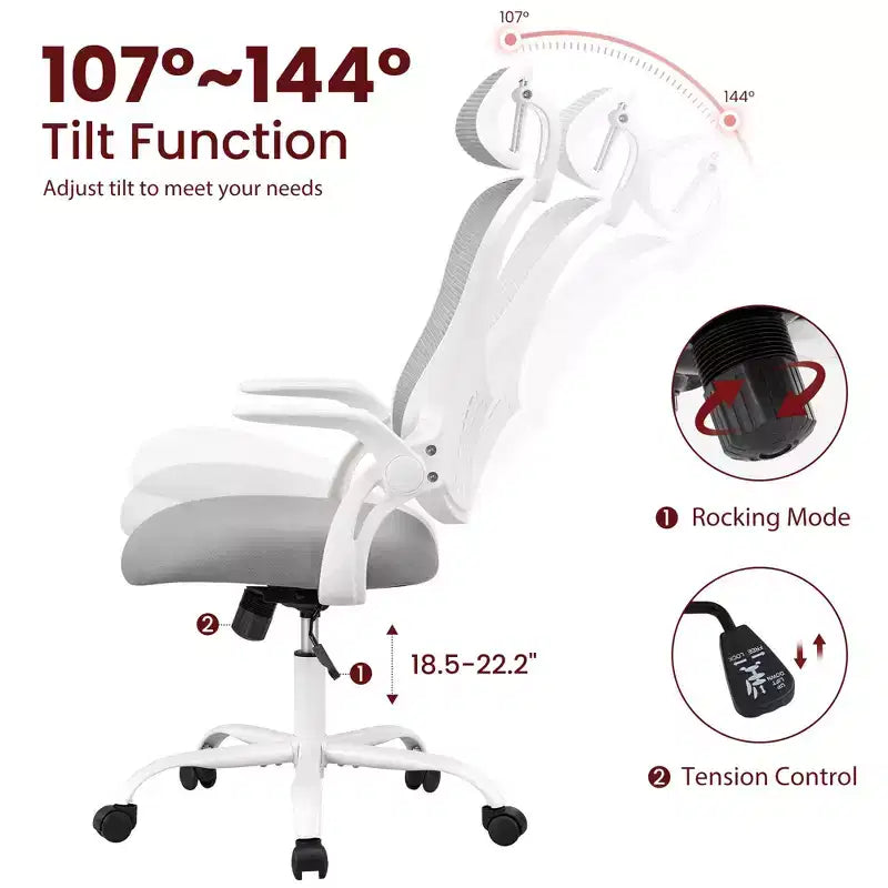 Ergonomischer Bürostuhl mit hoher Rückenlehne, verstellbarer Kopfstütze, hochklappbaren Armlehnen und drehbarem Fußkreuz