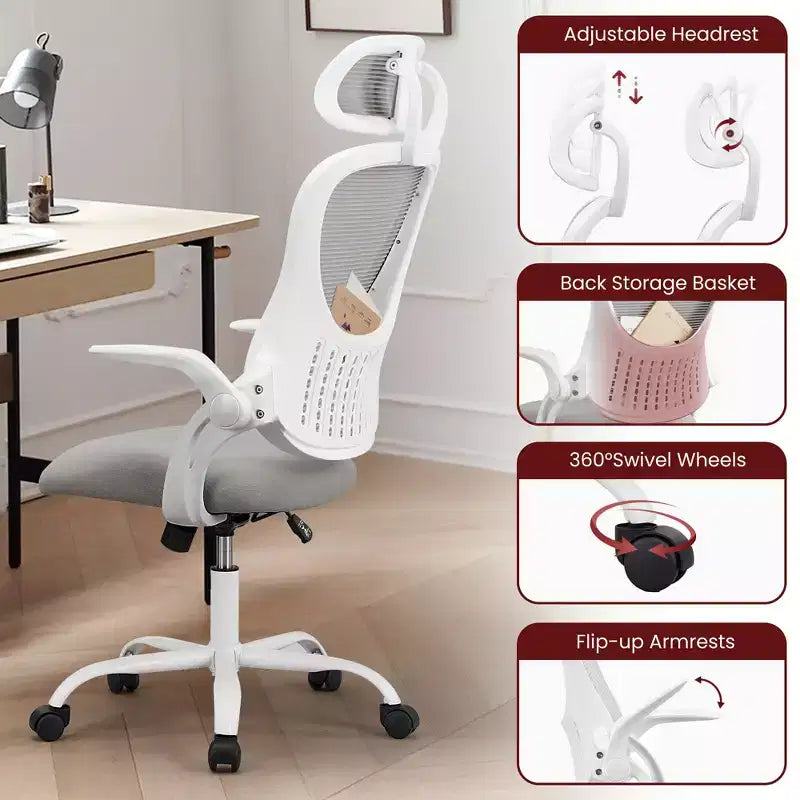 Ergonomischer Bürostuhl mit hoher Rückenlehne, verstellbarer Kopfstütze, hochklappbaren Armlehnen und drehbarem Fußkreuz