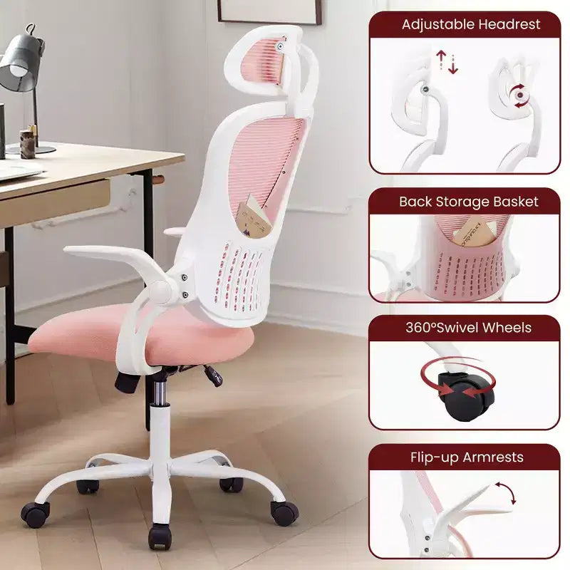 Ergonomischer Bürostuhl mit hoher Rückenlehne, verstellbarer Kopfstütze, hochklappbaren Armlehnen und drehbarem Fußkreuz