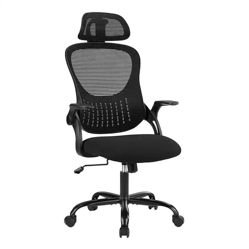 Ergonomischer Bürostuhl mit hoher Rückenlehne, verstellbarer Kopfstütze, hochklappbaren Armlehnen und drehbarem Fußkreuz