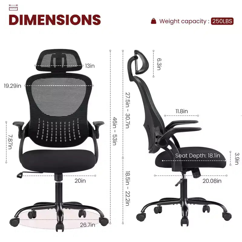 Ergonomischer Bürostuhl mit hoher Rückenlehne, verstellbarer Kopfstütze, hochklappbaren Armlehnen und drehbarem Fußkreuz