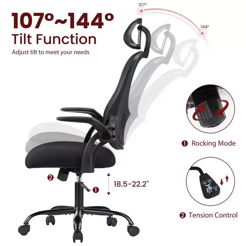 Ergonomischer Bürostuhl mit hoher Rückenlehne, verstellbarer Kopfstütze, hochklappbaren Armlehnen und drehbarem Fußkreuz