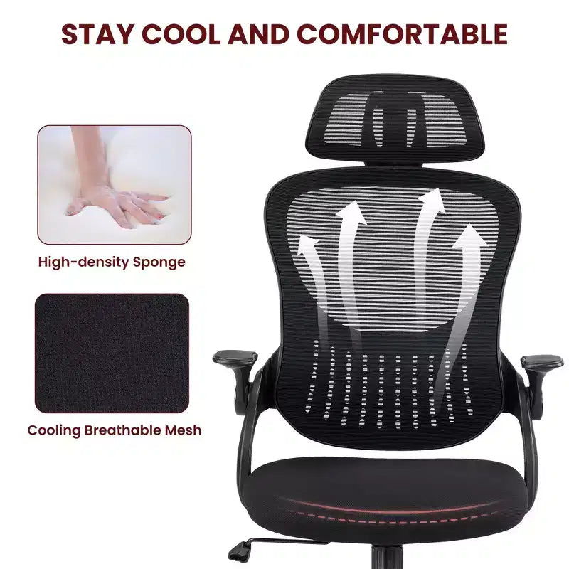 Ergonomischer Bürostuhl mit hoher Rückenlehne, verstellbarer Kopfstütze, hochklappbaren Armlehnen und drehbarem Fußkreuz