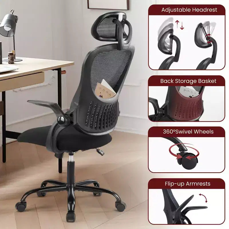Ergonomischer Bürostuhl mit hoher Rückenlehne, verstellbarer Kopfstütze, hochklappbaren Armlehnen und drehbarem Fußkreuz