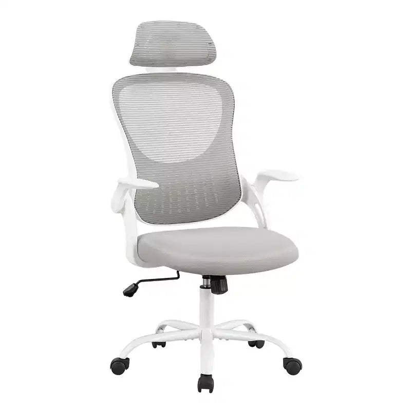 Ergonomischer Bürostuhl mit hoher Rückenlehne, verstellbarer Kopfstütze, hochklappbaren Armlehnen und drehbarem Fußkreuz