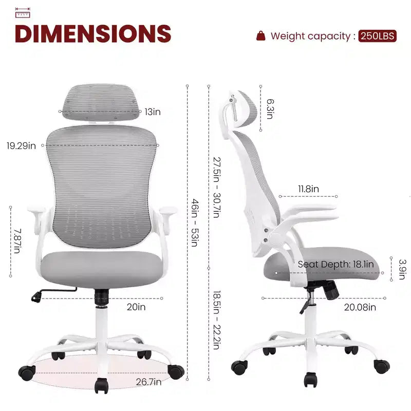 Ergonomischer Bürostuhl mit hoher Rückenlehne, verstellbarer Kopfstütze, hochklappbaren Armlehnen und drehbarem Fußkreuz