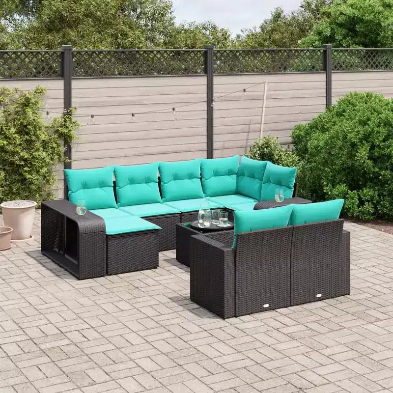 11-teiliges Terrassen-Sofa-Set mit Kissen, schwarzes Polyrattan