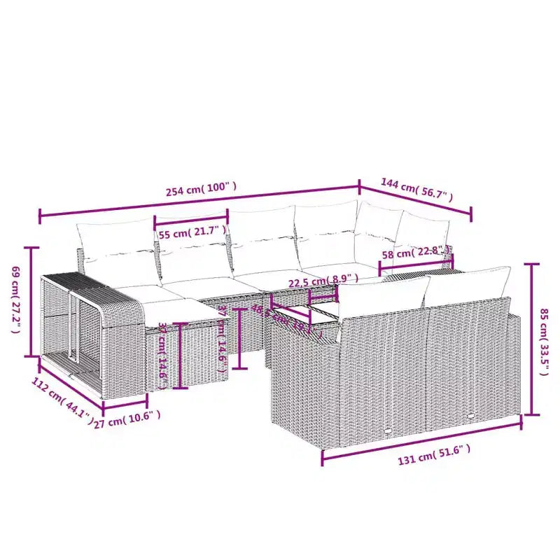 11-teiliges Terrassen-Sofa-Set mit Kissen, schwarzes Polyrattan