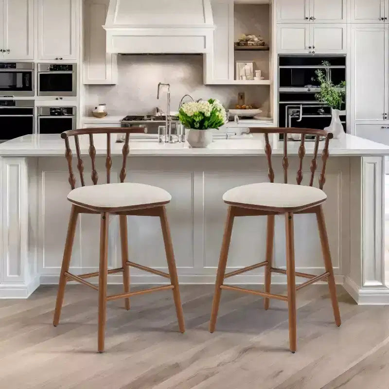Moderne Barhocker aus Gummibaumholz, gepolstert, 2er-Set