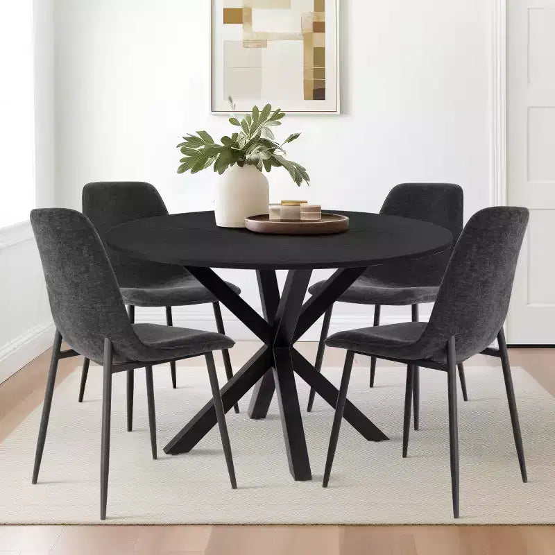 5-teiliges rundes Esszimmer-Set mit 4 gepolsterten Stühlen, schwarzer Sockel für kleine Räume