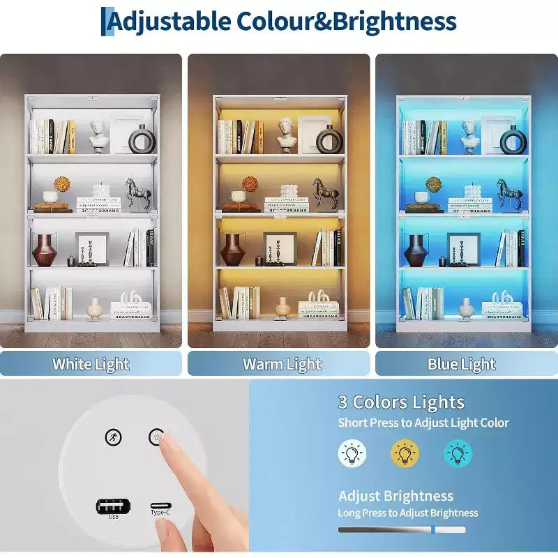 4-stufige Glasvitrine mit LED-Beleuchtung, Vitrinenschrank mit Ladeanschlüssen & Bewegungssensor, Aufbewahrungsregale für Sammlerstücke
