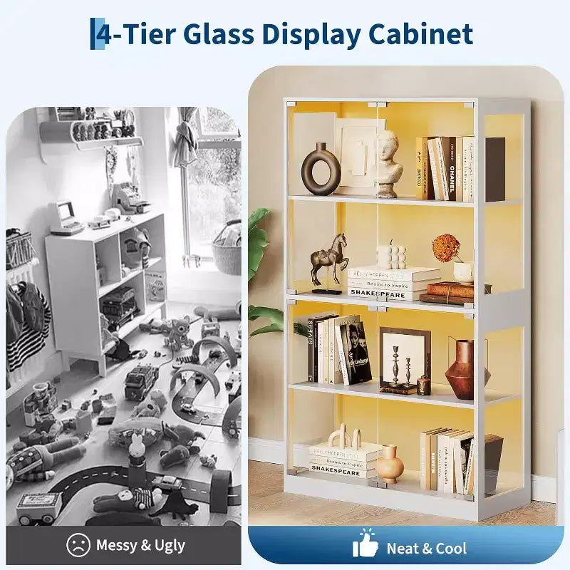 4-stufige Glasvitrine mit LED-Beleuchtung, Vitrinenschrank mit Ladeanschlüssen & Bewegungssensor, Aufbewahrungsregale für Sammlerstücke