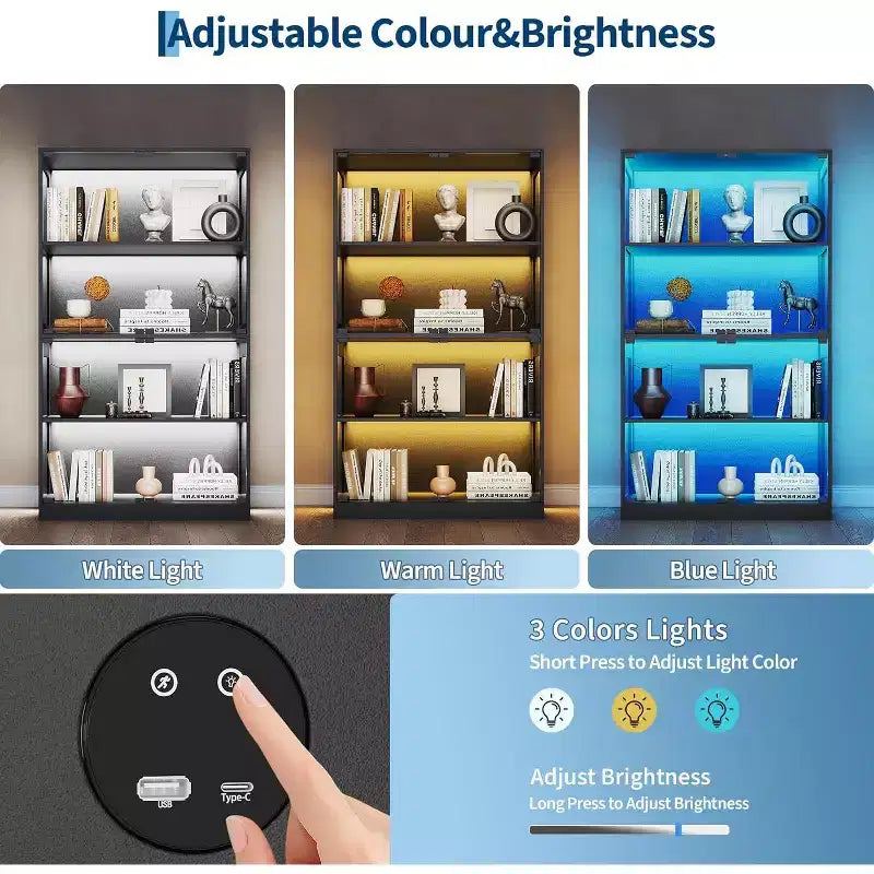 4-stufige Glasvitrine mit LED-Beleuchtung, Vitrinenschrank mit Ladeanschlüssen & Bewegungssensor, Aufbewahrungsregale für Sammlerstücke