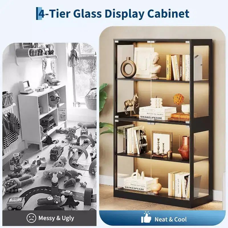 4-stufige Glasvitrine mit LED-Beleuchtung, Vitrinenschrank mit Ladeanschlüssen & Bewegungssensor, Aufbewahrungsregale für Sammlerstücke