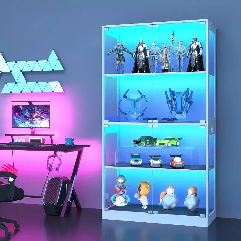 4-stufige Glasvitrine mit LED-Beleuchtung, Vitrinenschrank mit Ladeanschlüssen & Bewegungssensor, Aufbewahrungsregale für Sammlerstücke