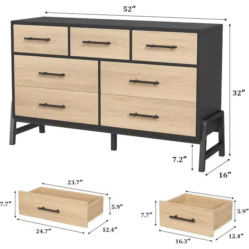 52 Aufbewahrungsschrank mit 7 Schubladen, Holz-Vorrratsschrank mit Metallgriffen und -beinen, freistehender Organizer für Wohnzimmer, Schlafzimmer, Büro