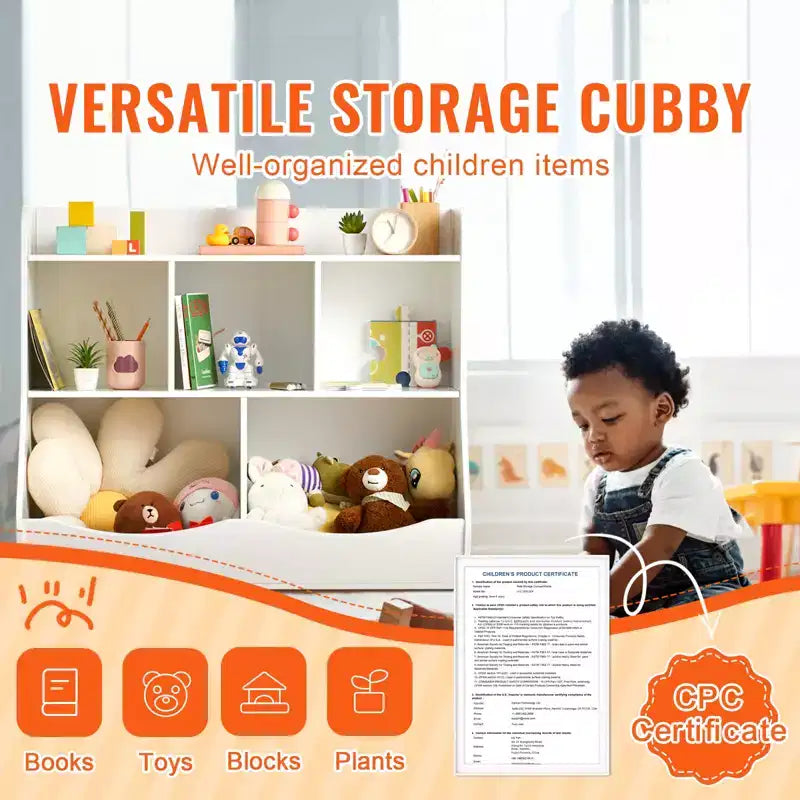 Kinderspielzeug-Aufbewahrungswürfel mit Bücherregal, 5-Fächer-Spielzeugorganisator aus Holz für Kinderzimmer, Spielzimmer, Babyzimmer & Kindergarten, Weiß
