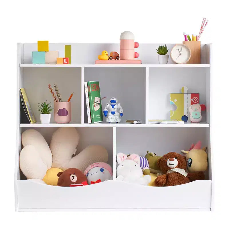 Kinderspielzeug-Aufbewahrungswürfel mit Bücherregal, 5-Fächer-Spielzeugorganisator aus Holz für Kinderzimmer, Spielzimmer, Babyzimmer & Kindergarten, Weiß