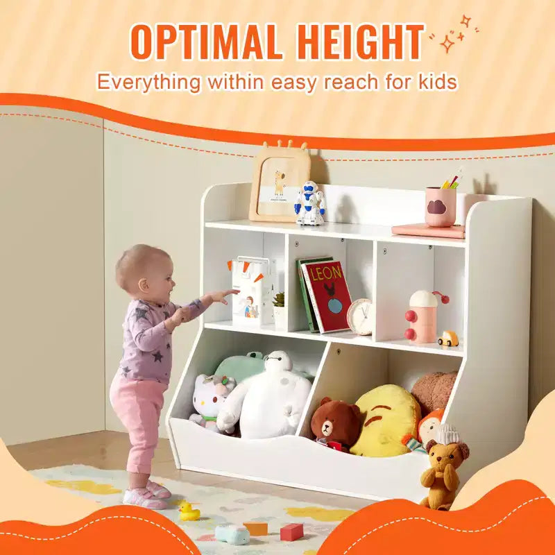 Kinderspielzeug-Aufbewahrungswürfel mit Bücherregal, 5-Fächer-Spielzeugorganisator aus Holz für Kinderzimmer, Spielzimmer, Babyzimmer & Kindergarten, Weiß