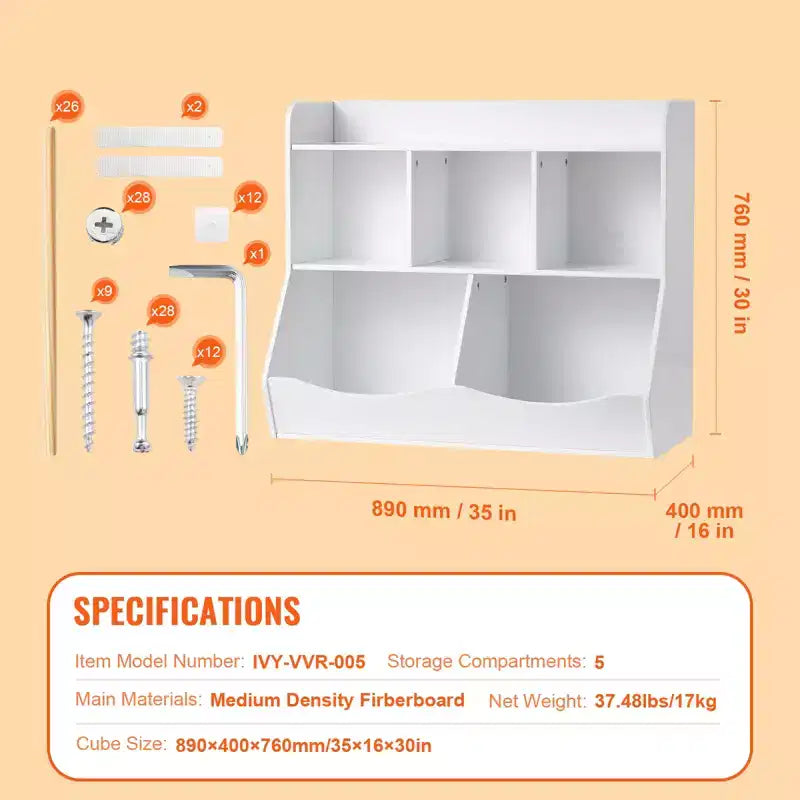 Kinderspielzeug-Aufbewahrungswürfel mit Bücherregal, 5-Fächer-Spielzeugorganisator aus Holz für Kinderzimmer, Spielzimmer, Babyzimmer & Kindergarten, Weiß