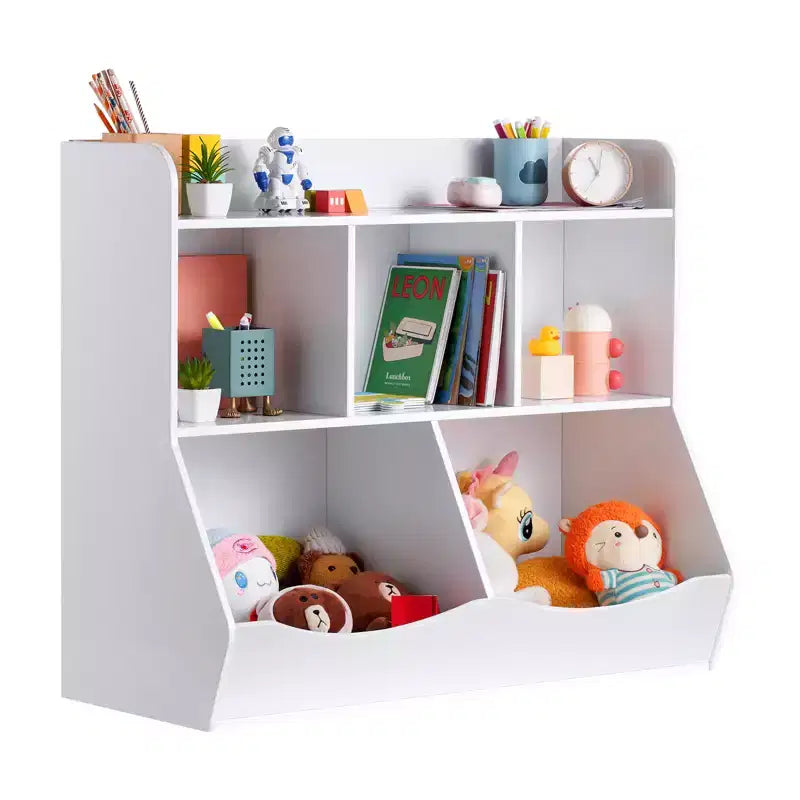 Kinderspielzeug-Aufbewahrungswürfel mit Bücherregal, 5-Fächer-Spielzeugorganisator aus Holz für Kinderzimmer, Spielzimmer, Babyzimmer & Kindergarten, Weiß