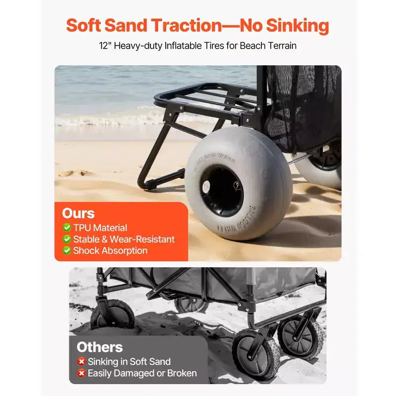 Faltbarer Strandsandwagen mit 12 Ballonrädern, 18x15 Ladefläche, 165 lbs Tragkraft, Schwarz