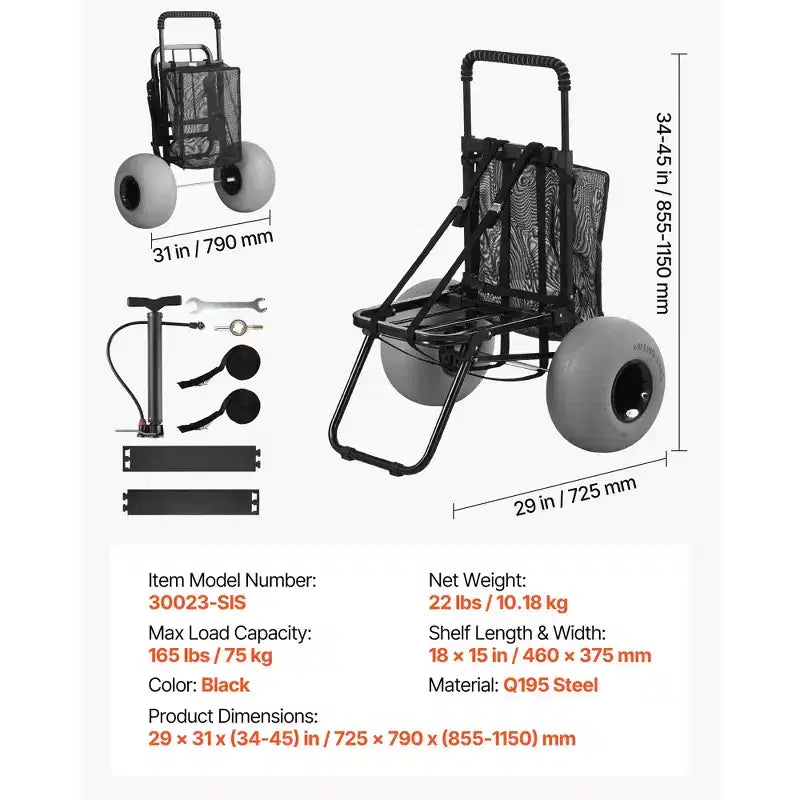 Faltbarer Strandsandwagen mit 12 Ballonrädern, 18x15 Ladefläche, 165 lbs Tragkraft, Schwarz