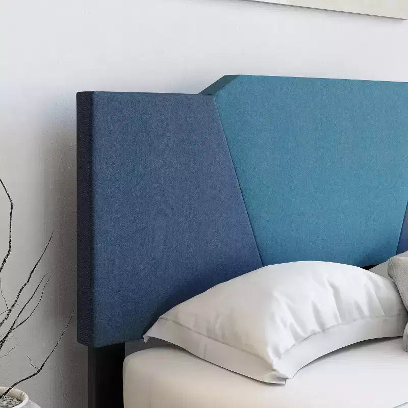 Plattformbett Sydney aus Leinenstoff in Blau - Eco Dream: Rautenförmiges Kopfteil, vierfache Lattenrost-Unterstützung