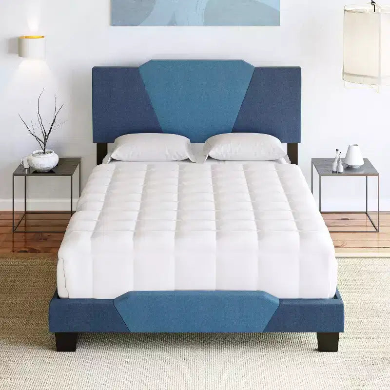 Plattformbett Sydney aus Leinenstoff in Blau - Eco Dream: Rautenförmiges Kopfteil, vierfache Lattenrost-Unterstützung
