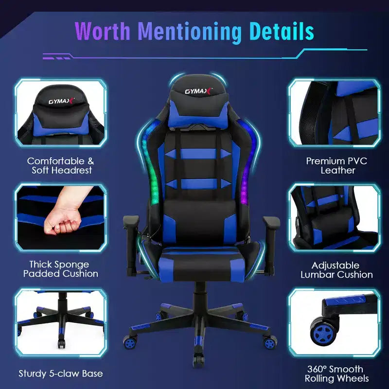 Verstellbarer drehbarer Gaming-Stuhl mit LED-Beleuchtung und Fernbedienung