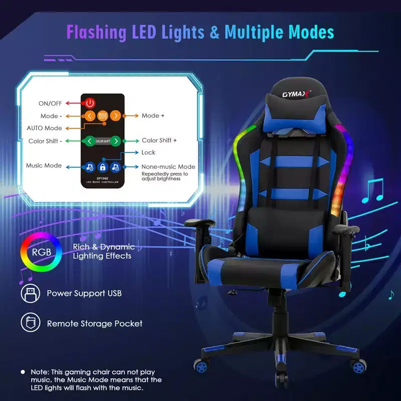 Verstellbarer drehbarer Gaming-Stuhl mit LED-Beleuchtung und Fernbedienung