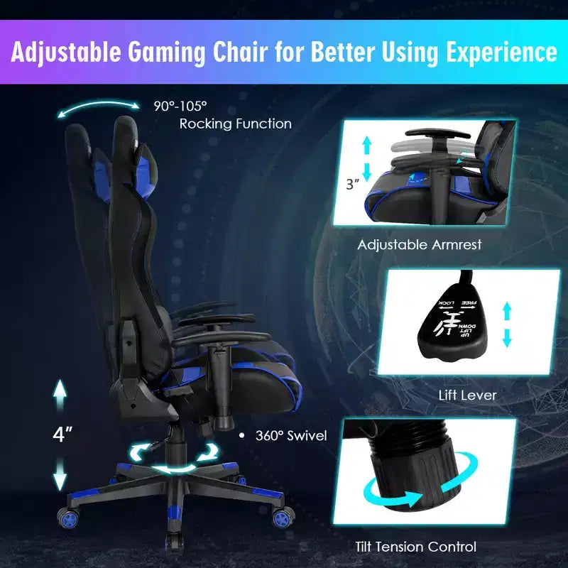 Verstellbarer drehbarer Gaming-Stuhl mit LED-Beleuchtung und Fernbedienung