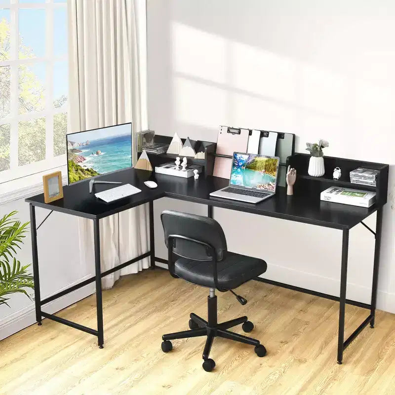 65,5" L-förmiger Computertisch mit Bücherregal für Heimbüro-Ecke