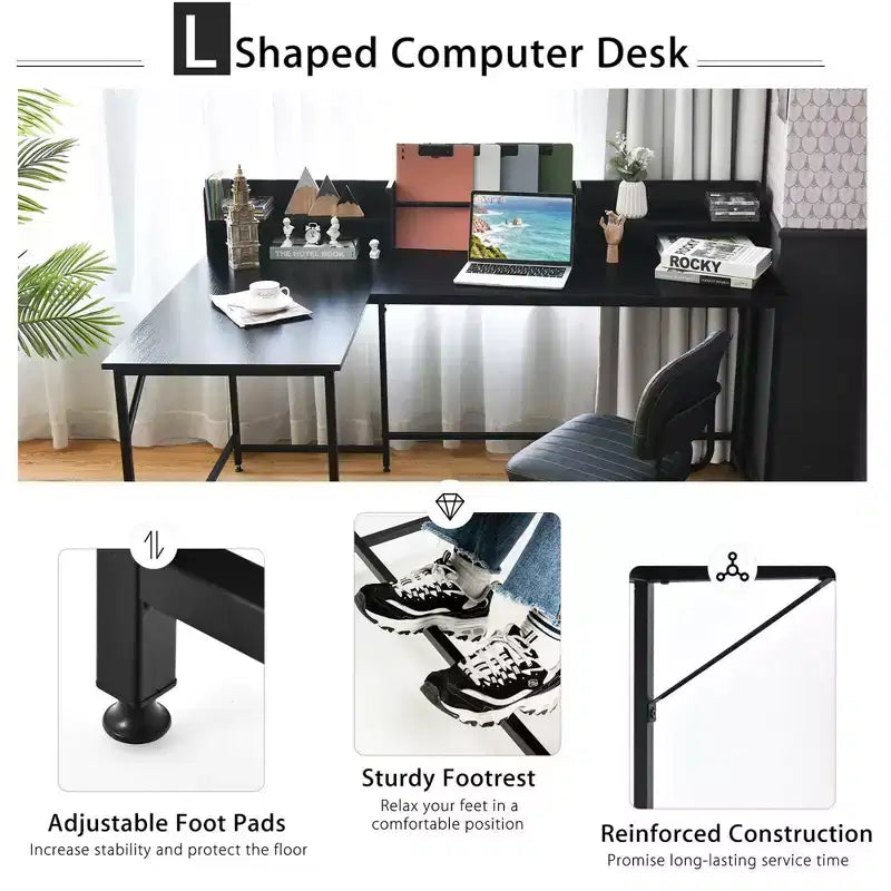 65,5" L-förmiger Computertisch mit Bücherregal für Heimbüro-Ecke