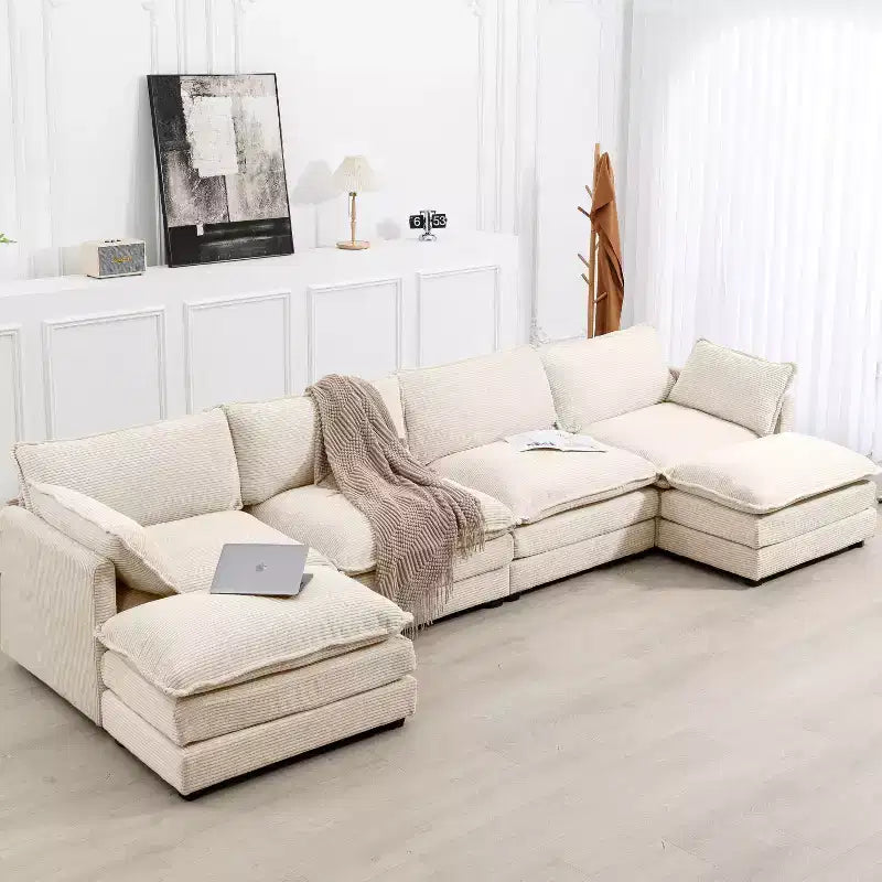 147" 6-teiliges modernes Cord-Sofa mit doppelten Ottomanen