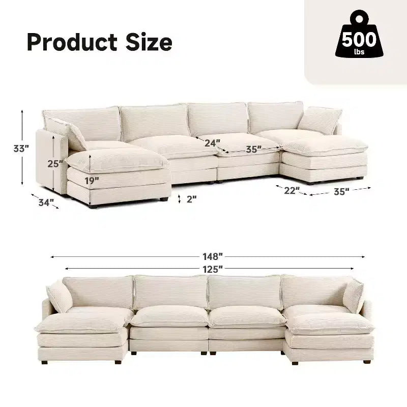 147" 6-teiliges modernes Cord-Sofa mit doppelten Ottomanen