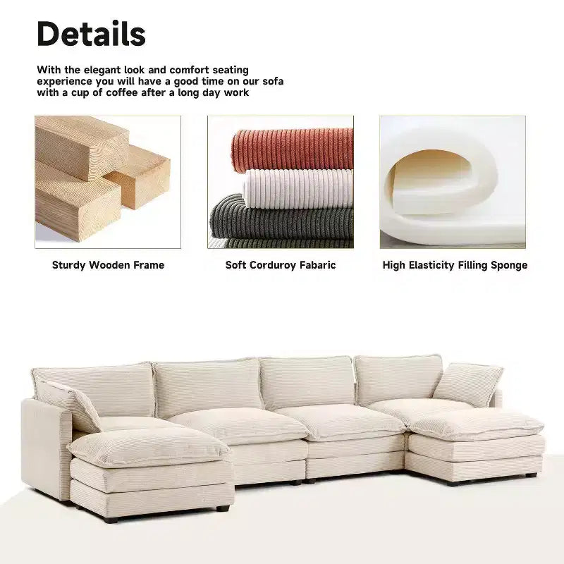 147" 6-teiliges modernes Cord-Sofa mit doppelten Ottomanen