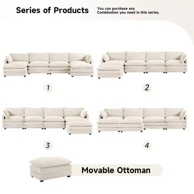 147" 6-teiliges modernes Cord-Sofa mit doppelten Ottomanen