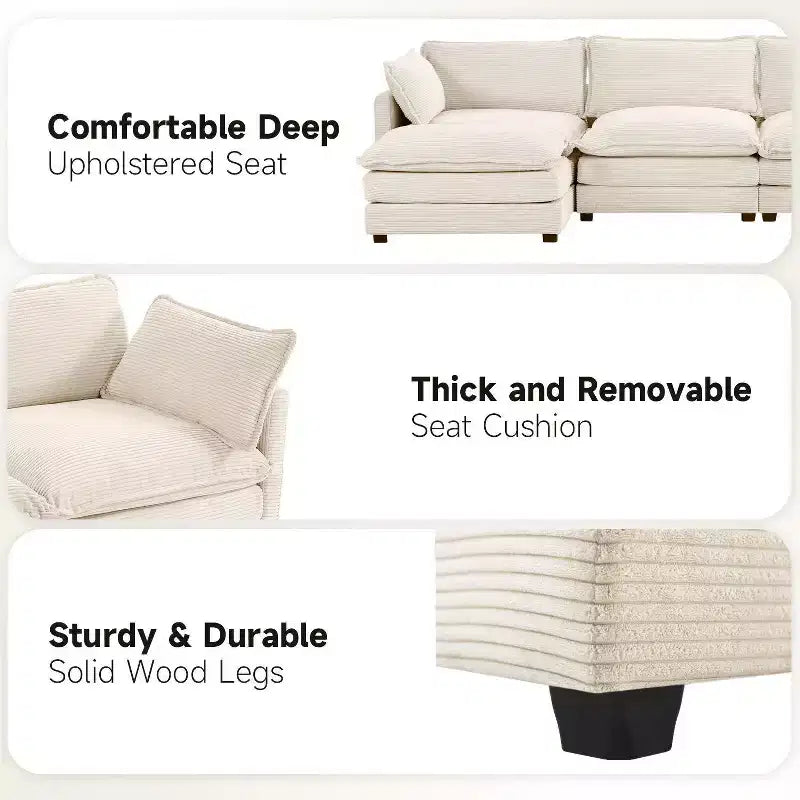 147" 6-teiliges modernes Cord-Sofa mit doppelten Ottomanen
