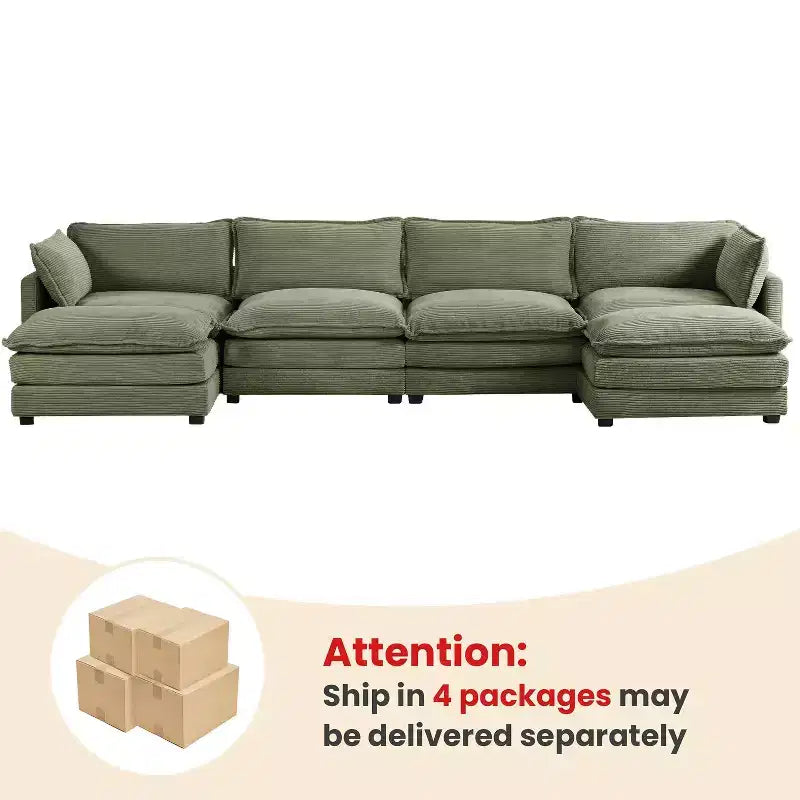 147" 6-teiliges modernes Cord-Sofa mit doppelten Ottomanen