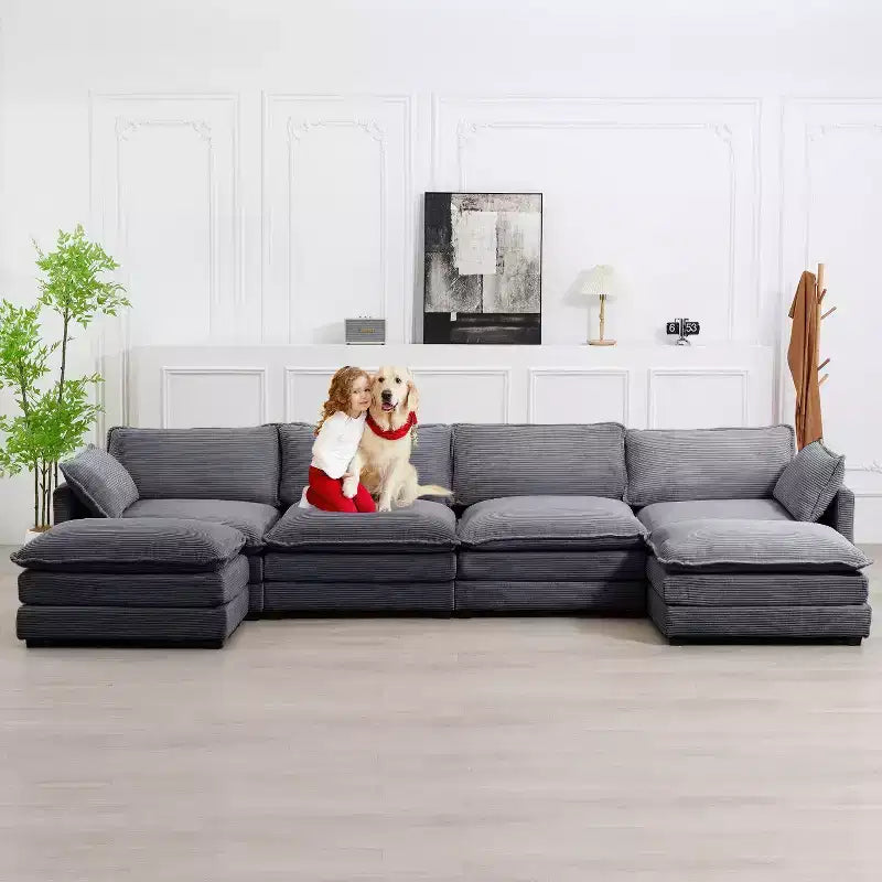 147" 6-teiliges modernes Cord-Sofa mit doppelten Ottomanen