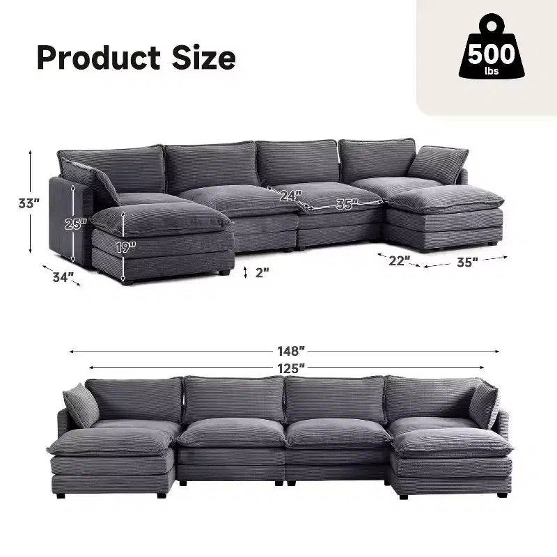 147" 6-teiliges modernes Cord-Sofa mit doppelten Ottomanen