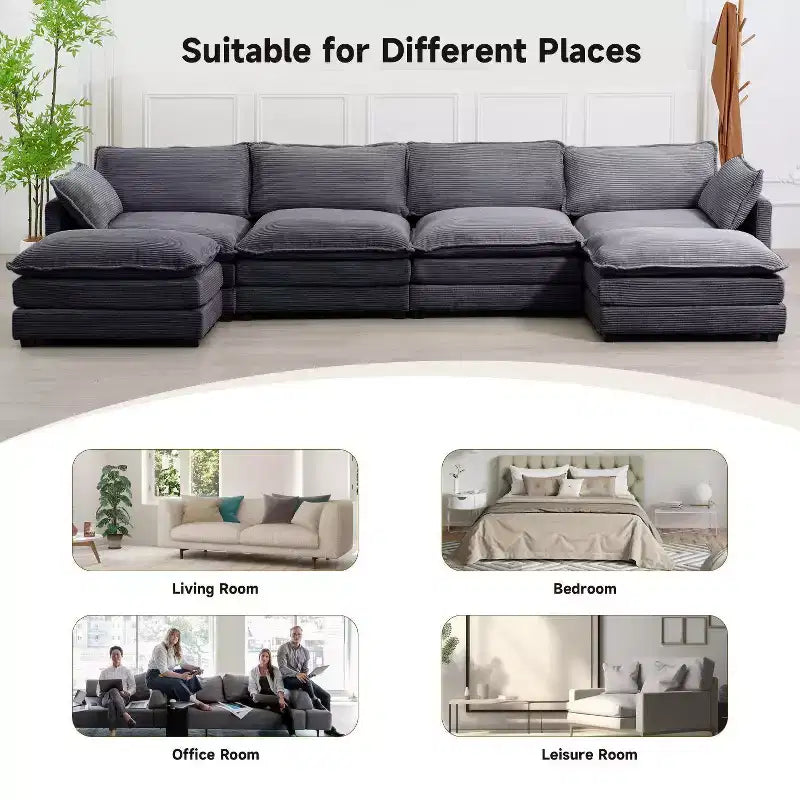 147" 6-teiliges modernes Cord-Sofa mit doppelten Ottomanen