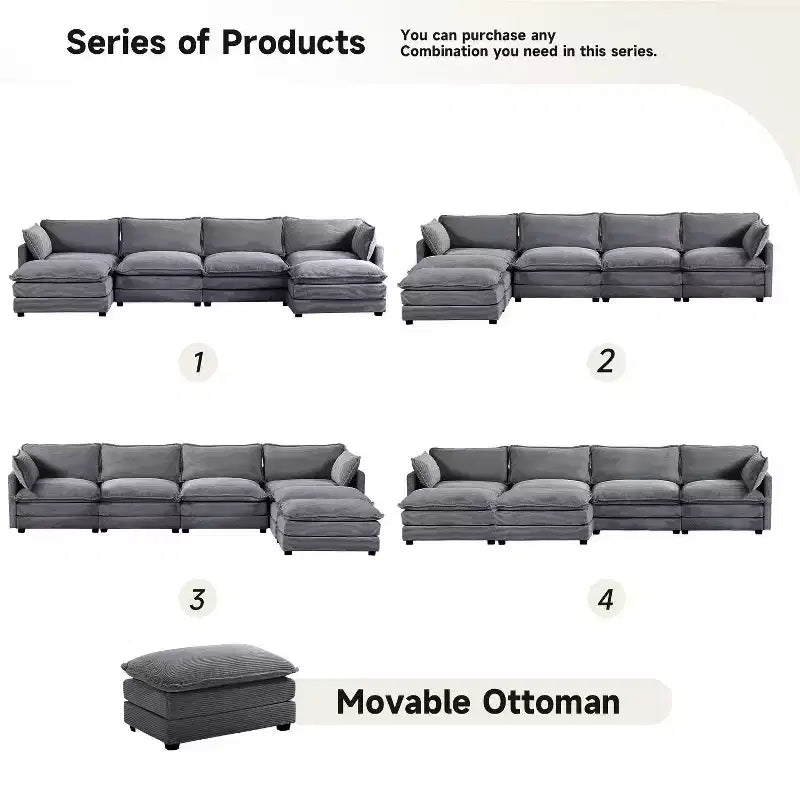 147" 6-teiliges modernes Cord-Sofa mit doppelten Ottomanen