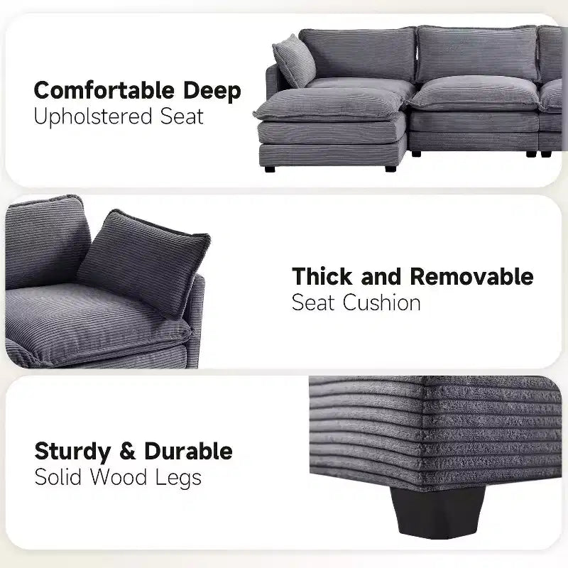 147" 6-teiliges modernes Cord-Sofa mit doppelten Ottomanen