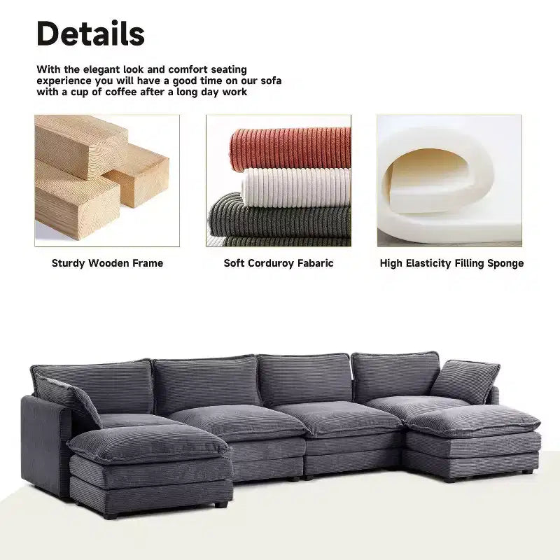 147" 6-teiliges modernes Cord-Sofa mit doppelten Ottomanen