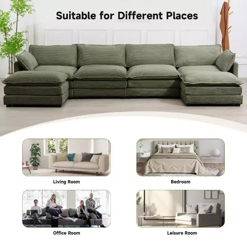 147" 6-teiliges modernes Cord-Sofa mit doppelten Ottomanen