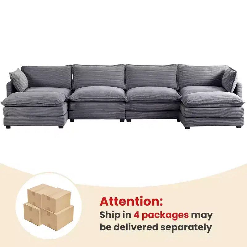 147" 6-teiliges modernes Cord-Sofa mit doppelten Ottomanen