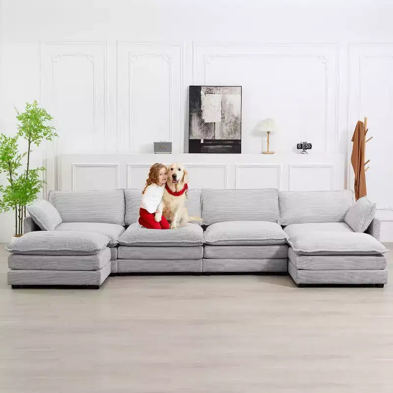 147" 6-teiliges modernes Cord-Sofa mit doppelten Ottomanen