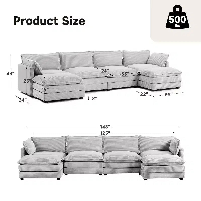 147" 6-teiliges modernes Cord-Sofa mit doppelten Ottomanen